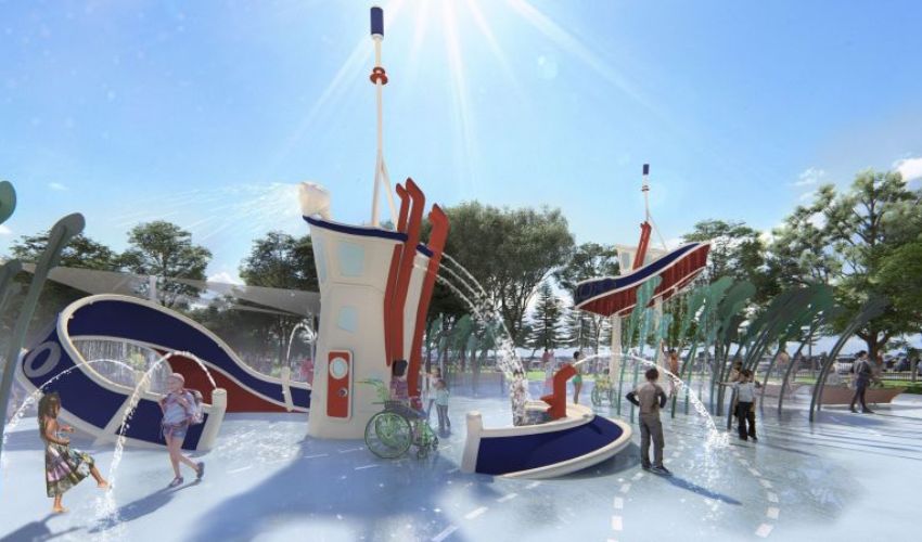A render of Foreshore Park playspace waterplay area