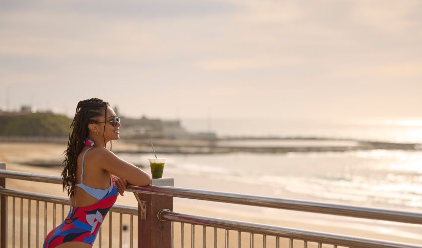 Early morning swim and smoothie with Newcastle Ocean Baths in the distance