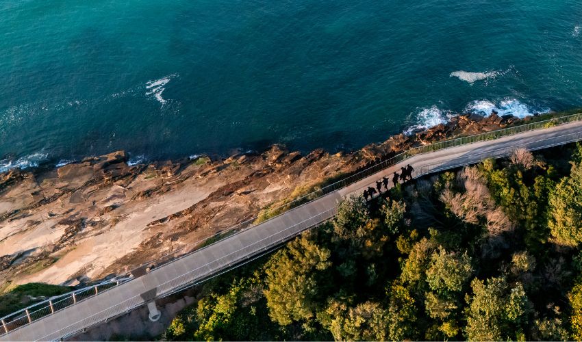 Aerial view of a section of Newcastle Memorial Walk with the shadows of the ANZAC steel silhouettes