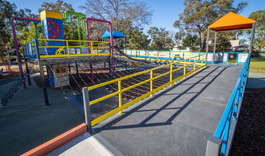 Lake Macquarie Variety Park features a wide ramp and colourful equipment
